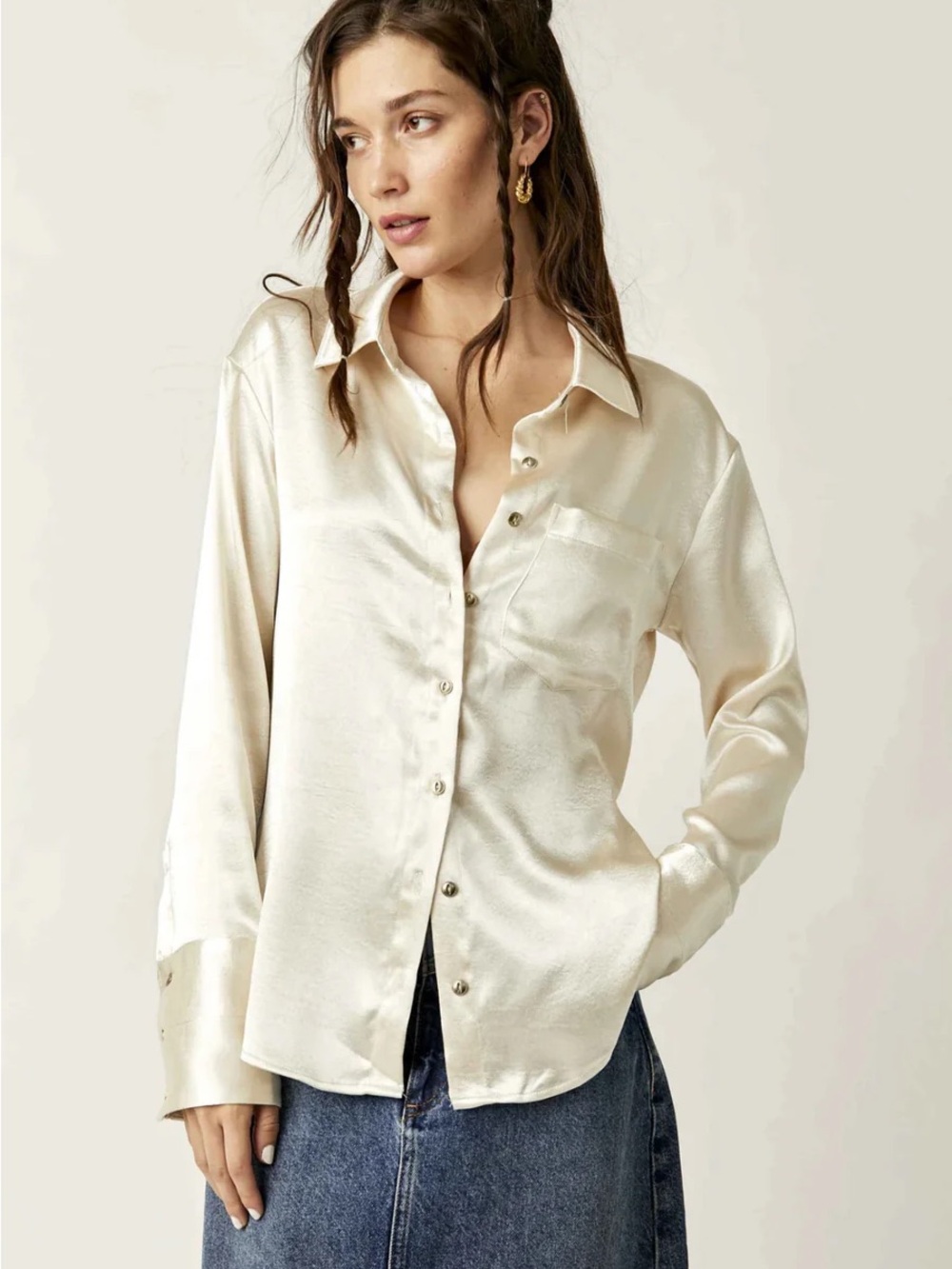 Free People Shooting for the Moon Cream Satin Button-Down Shirt S NWOT